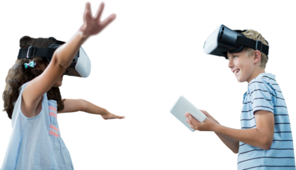 Siblings using virtual reality glasses and digital tablet