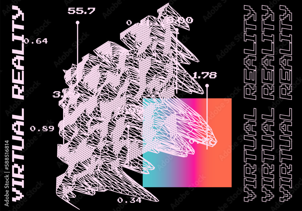 Poster 3D glitched and distorted plane made of mesh. Computer science and virtual reality subject illustration.
