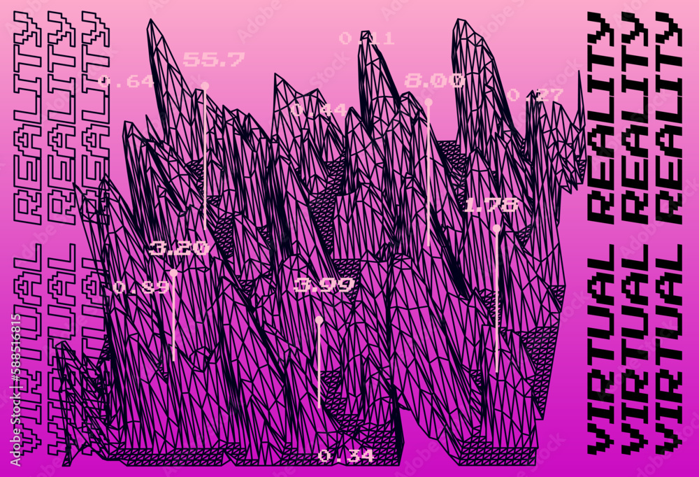 Poster 3D glitched and distorted plane made of mesh. Computer science and virtual reality subject illustration.