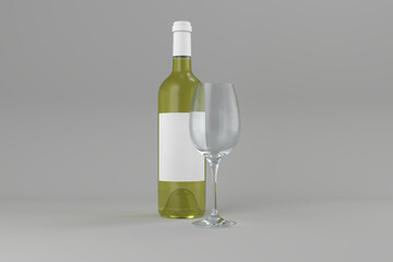 Green wine bottle with glass over gray background