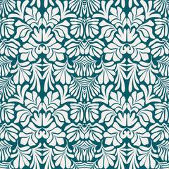 Blue green abstract background with tropical palm leaves in Matisse style. Vector seamless pattern with Scandinavian cut out elements.