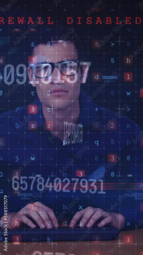 Poster animation of computer writings, numbers and caucasian male programmer on black background