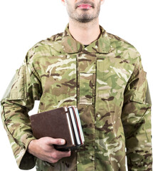 Mid section of soldier holding books