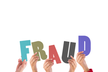 Colorful alphabet spelling fraud held up by people 