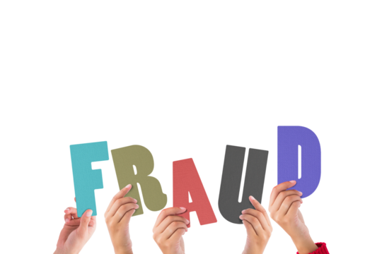 Colorful alphabet spelling fraud held up by people 