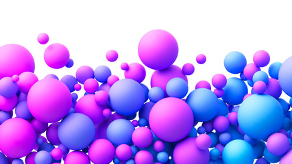 Abstract composition with dreamy blue pink purple vibrant neon gradient random flying spheres isolated on transparent background. Colorful neon matte soft balls in different sizes. PNG file