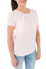Obraz premium Smiling women in pink for breast cancer awareness