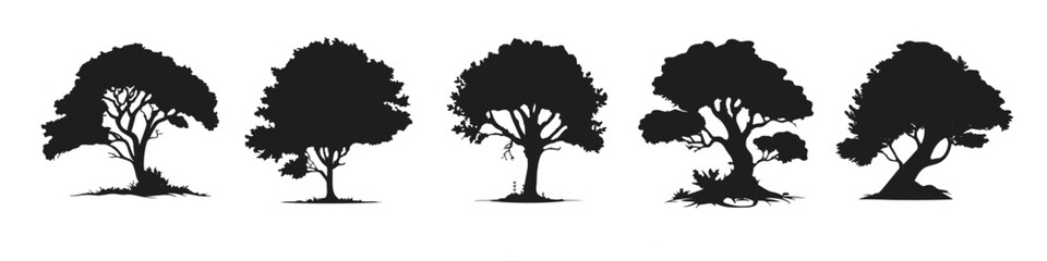 set of tree silhouettes isolated on white background