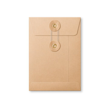 Kraft paper A6/C6 size string and washer envelope  isolated on a transparent background, PNG. High resolution.