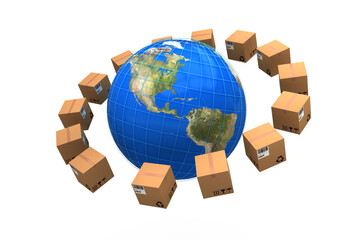 Globe amidst cardboard boxes