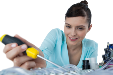 Female computer engineer repairing computer motherboard