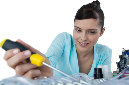 Female computer engineer repairing computer motherboard