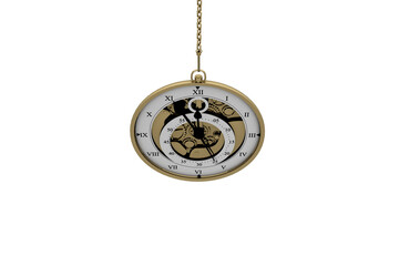 Old pocket watch with roman numerals hanging from chain