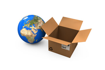 High angle view of planet earth and cardboard box