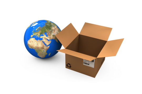 High angle view of planet earth and cardboard box
