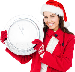 Portrait of brunette with santa hat holding clock