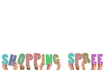 Colorful alphabet spelling shopping spree held up by people 