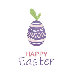 Easter illustration of decorated purple egg and lettering Happy Easter. Drawing in a modern style isolated on a white background. For postcard, poster, social networks and so on.