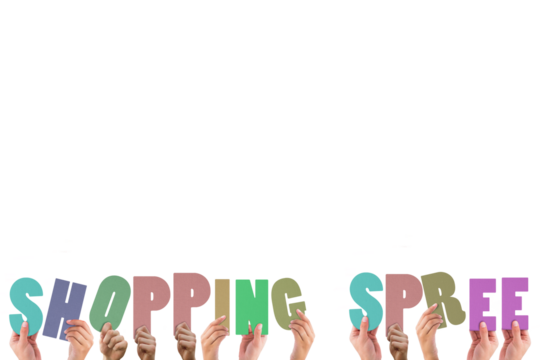 Colorful alphabet spelling shopping spree held up by people 