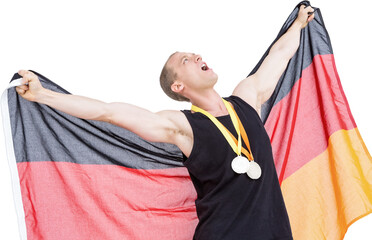 Athlete posing with olympic gold medals around his neck