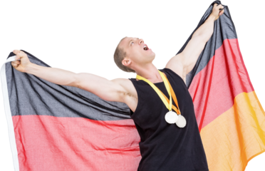 Athlete posing with olympic gold medals around his neck