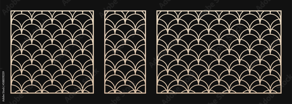 Poster laser cut pattern set. vector design with elegant geometric ornament, abstract grid in art deco styl