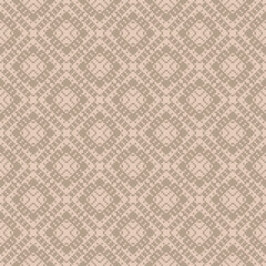 Vector geometric seamless pattern. Abstract ethnic texture with ornamental flower silhouettes, small squares. Beige color. Ethnic motif. Folk style background. Subtle repeat decorative geo design