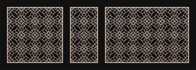 Laser cut patterns. Vector set with abstract geometric ornament in Arabesque Oriental style, elegant grid. Decorative stencil for laser, CNC cutting of wood, metal, plastic. Aspect ratio 1:1, 1:2, 3:2