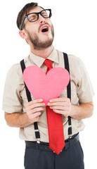 Geeky hipster crying and holding heart card