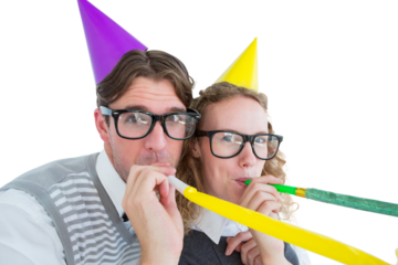 Geeky hipster couple blowing party horn