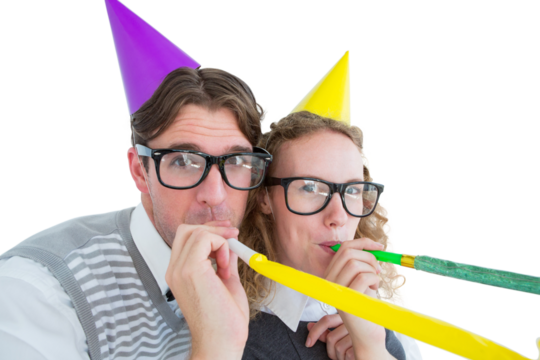 Geeky hipster couple blowing party horn - Powered by Adobe