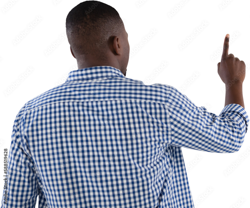 Poster man pressing an invisible virtual screen