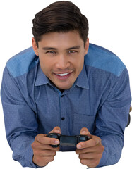 Portrait of businessman playing video game
