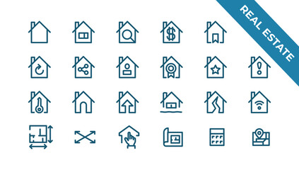 Real Estate thin line icons. Real estate symbols set. House, Home, Realtor, Agent, Plan editable stroke icon. Real estate icons collection. House line icons
