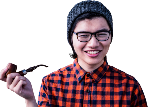 Smiling hipster holding pipe - Powered by Adobe