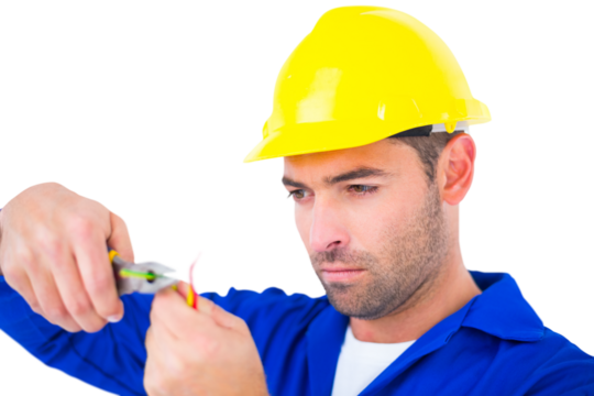 Electrician wearing hard hat while cutting wire