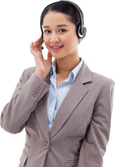 Portrait of a good looking operator posing with a headset