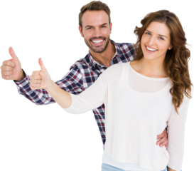 Happy young couple putting thumbs up