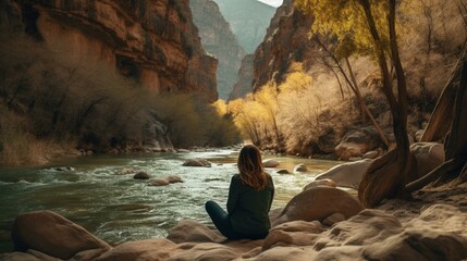 Fototapeta premium A person sitting on a rock by a river in a canyon surrounded by nature. Generative AI
