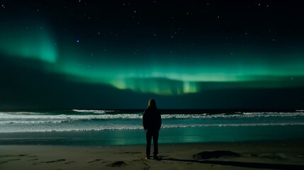 A person standing on a beach watching the northern lights in the sky. Generative AI
