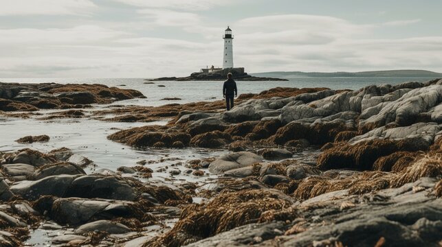 A person standing on a rocky shoreline with a view of a distant lighthouse. Generative AI