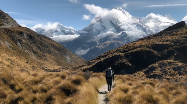 A person hiking through a mountain range with snow-capped peaks in the background. Generative AI