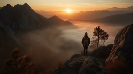A person standing on a cliff watching a sunrise over a misty mountain range. Generative AI
