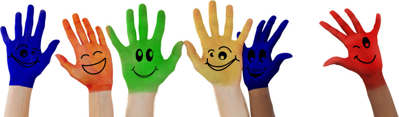 Hands with colourful smiley faces