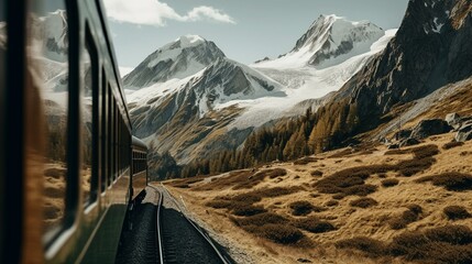 A scenic train journey through a mountain range with snow-capped peaks. Generative AI
