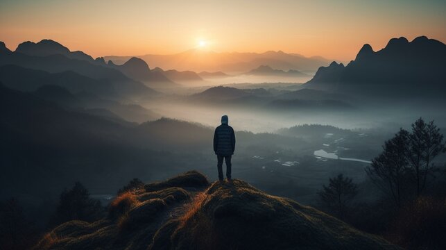 A person standing on a cliff watching a sunrise over a misty mountain range. Generative AI