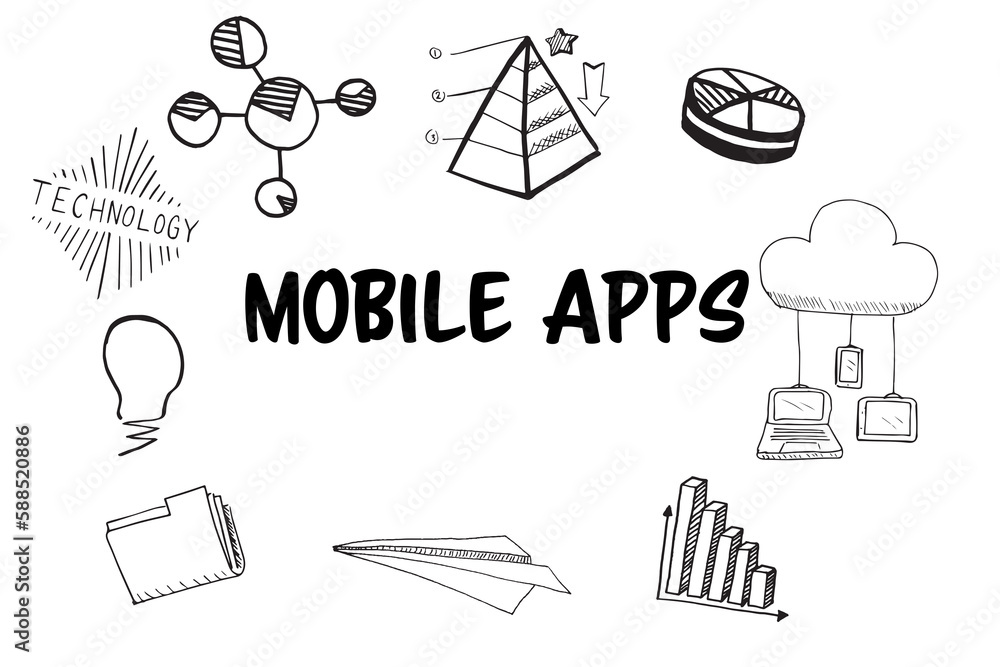 Poster mobile apps text surrounded by various vector icons