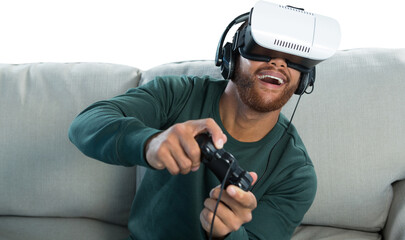 Man playing video game with virtual reality headset