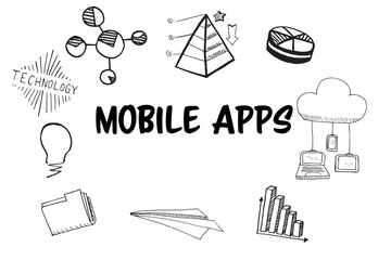 Mobile Apps text surrounded by various vector icons