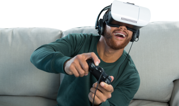 Man playing video game with virtual reality headset - Powered by Adobe